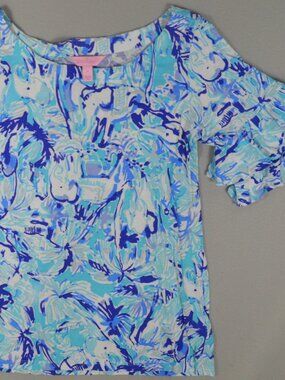 Lilly Pulitzer Lula Top S Tropical Elephant Appeal Flutter Sleeve Blue Elephant